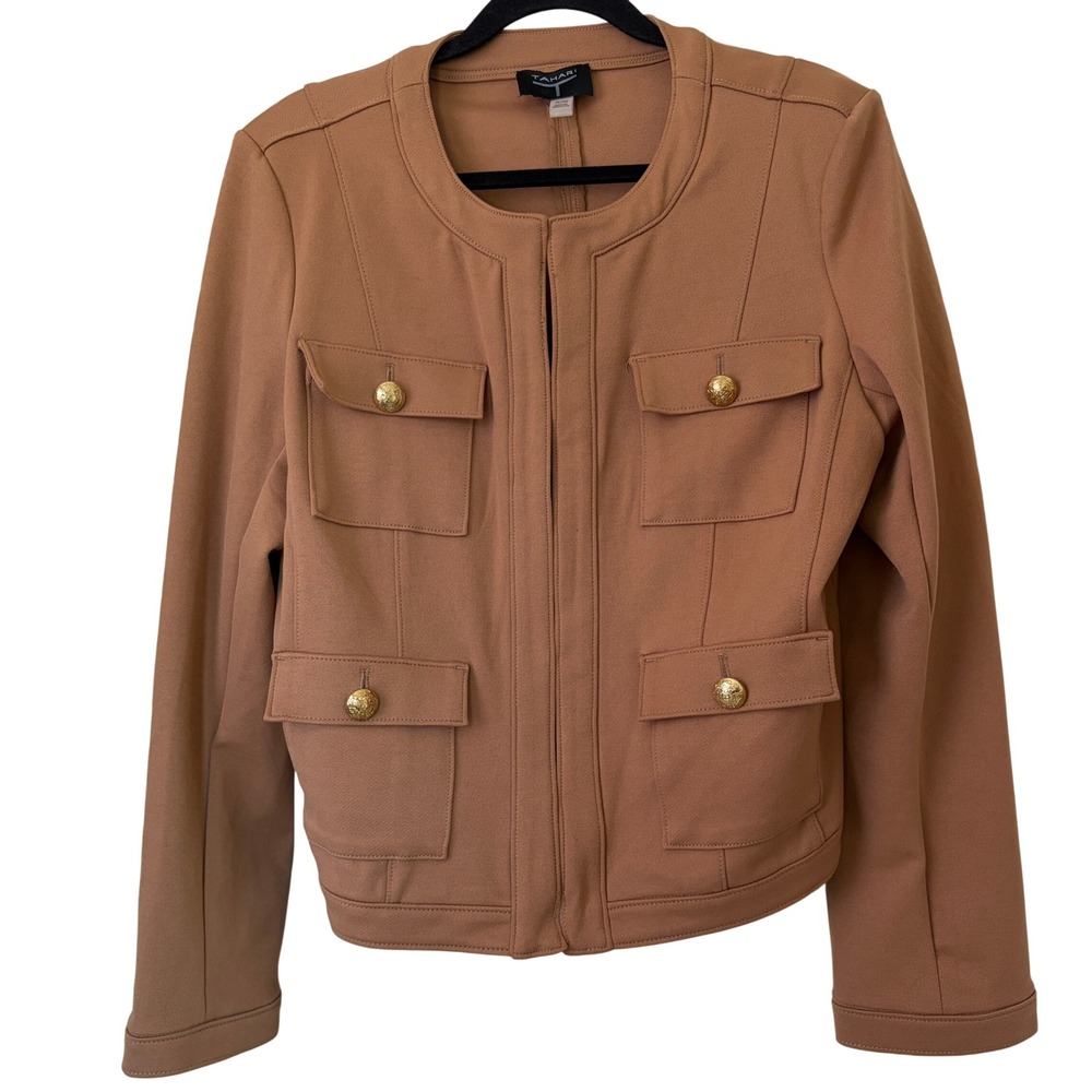 T Tahari Camel Brown Ponte Military Jacket Gold Button Women's XL Short